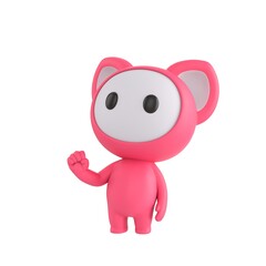 Fototapeta premium Cute 3D render Pink Monster character raising one fist with confidence, head held high and looking upward, strong and determined pose, isolated on white background.