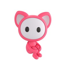 Fototapeta premium Cute 3D render Pink Monster character sitting and hugging its knees, looking up at the camera with a gentle and thoughtful expression, isolated on white background.