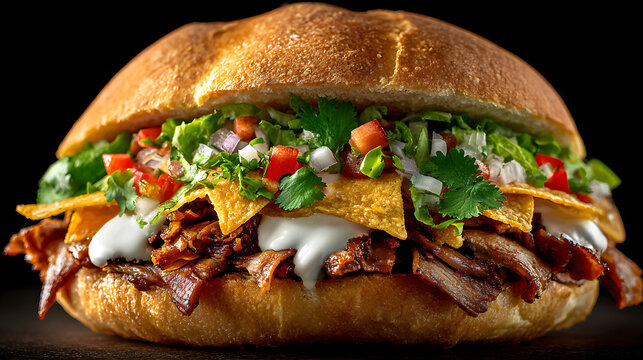 Mexican Cemita Sandwich with Crispy Meat, Avocado, Fresh Salsa, Cilantro and Cream Sauce on Golden Bun