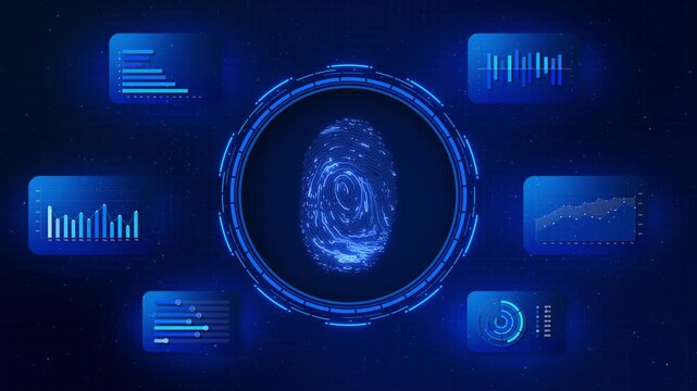 Futuristic Digital Fingerprint Security Interface biometric display panels identity verification technology. for cybersecurity authentication systems, data protection visuals tech presentations 3D