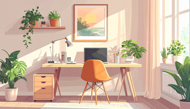Remote worker sits at home desk with laptop and plants around