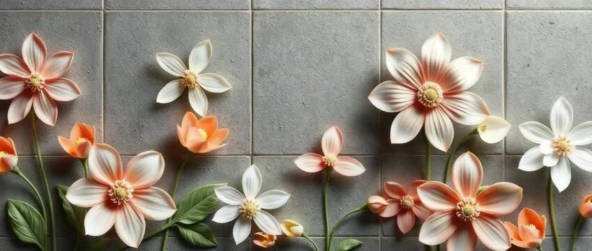 Flowers growing large on concrete grey tiles urban nature concept 4K