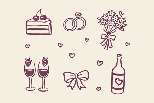 Romantic wedding doodle icon set hand drawn vector illustration