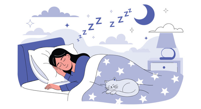 Woman sleeping soundly in her bed at night with her cat resting peacefully on the starry blanket.