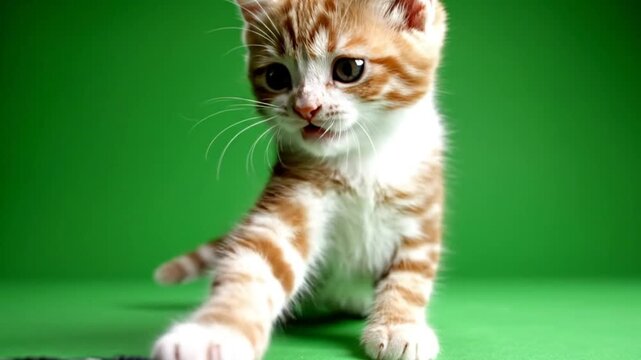 Adorable Orange Tabby Kitten on Green Backdrop Meowing and Stretching Paw with Sweet Expression