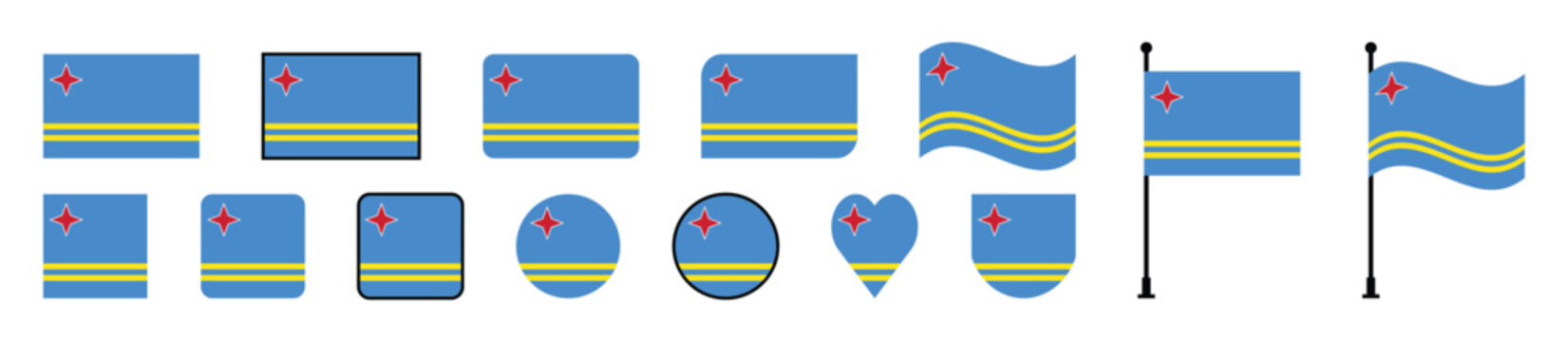 Aruba Flag Vector Icons Set Flat, Rounded, Waving, Heart, and Circle Shapes on White Background