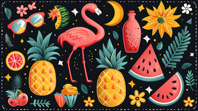 Summer doodle sticker sheet with flamingo watermelon and pineapple for kids planner and travel app.