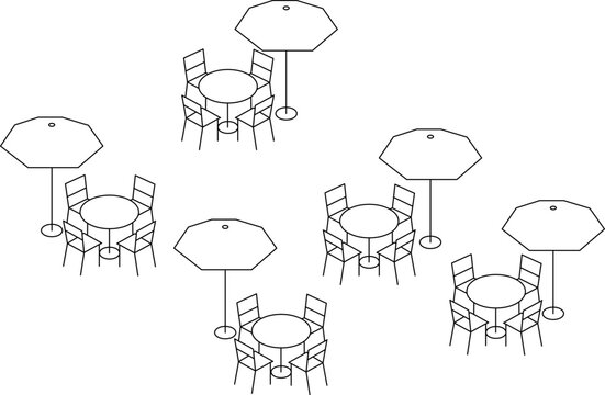 Line Art Isometric Cafe Veranda Furniture Set Outdoor Seating Outline.