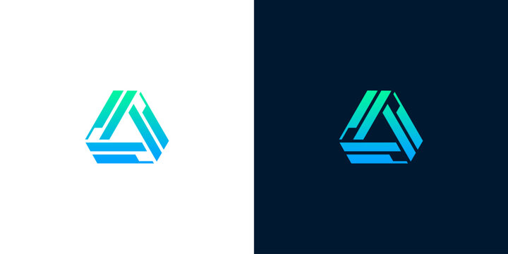 Abstract geometric triangle logo design in blue and green gradient on white and dark backgrounds