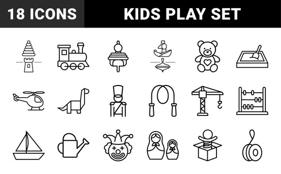 Minimalist kids toy outline icon set for nursery and education.