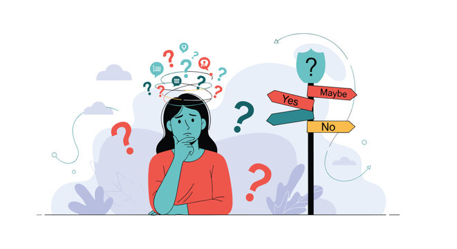 Confused woman standing at a crossroads signpost with signs for yes, no, and maybe while feeling overwhelmed by choice.