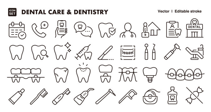 Dental Care and Dentistry Icon Set &ndash; Editable Line Style