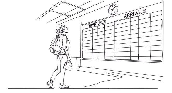 Minimal line art illustration of a woman checking departures and arrivals board at airport. Travel and journey concept perfect for tourism and business design