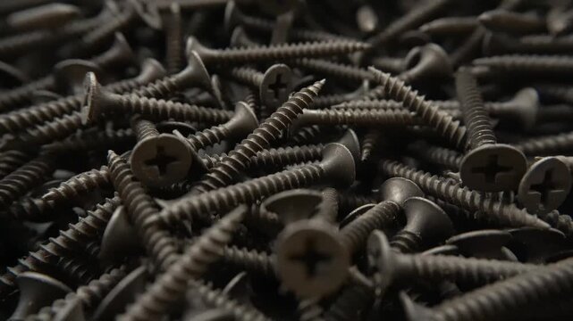 Macro screws. Close-up of metal screws, industrial texture, construction hardware background.