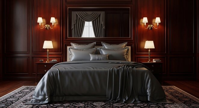 Luxurious Bedroom Interior Design with Elegant Furnishings and Warm Lighting.