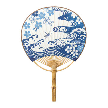 Traditional Japanese uchiwa fan with wave and cherry blossom pattern