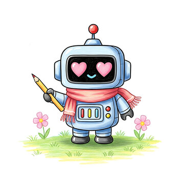 Cute robot with heart eyes holding a pencil, surrounded by flowers and grass.