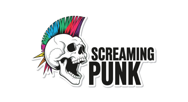 Graphic illustration of a screaming human skull with a colorful rainbow mohawk hairstyle and bold punk text on white background.