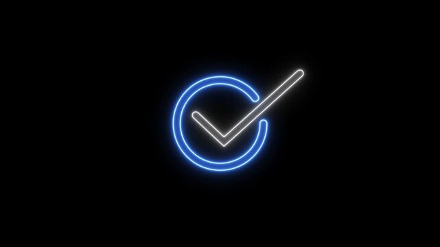Neon glowing check mark animation, blue and white circular tick symbol for user interface and success concepts