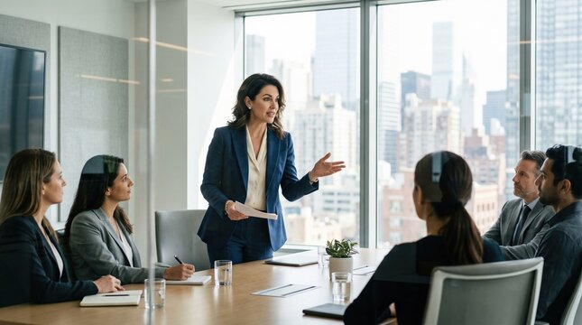 Experienced businesswoman presenting during meeting in modern conference room with city skyline view, confident professional making point while colleagues listen and take notes