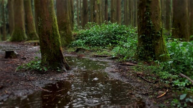 Heavy drops of  rain fall on the forest and trees