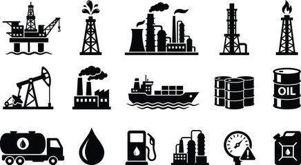Obraz premium Collection of black and white industry icons representing oil and gas extraction and transport logistic services