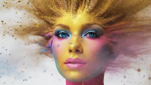 Woman poses with colorful powder splashing around her head. Bright colors create dynamic effects in studio setting with white background. Concept of art, beauty, fashion