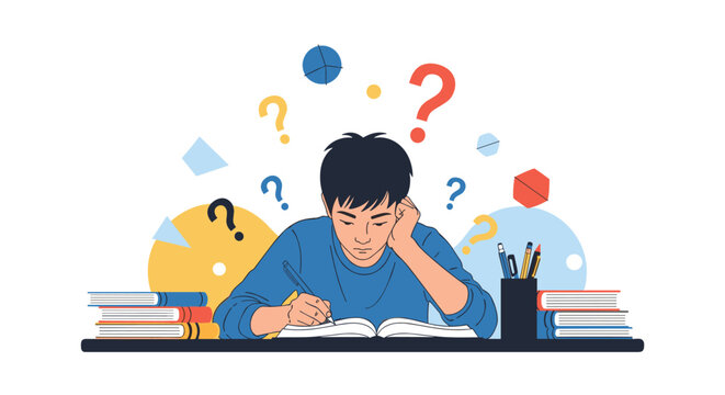 Confused young male student sitting at a desk and feeling overwhelmed by many questions and difficult exam preparation.