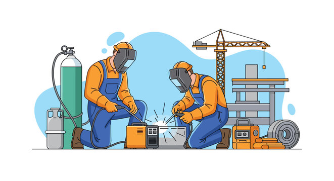 Two professional welders in safety gear working at a construction site with a crane and building frame in background.