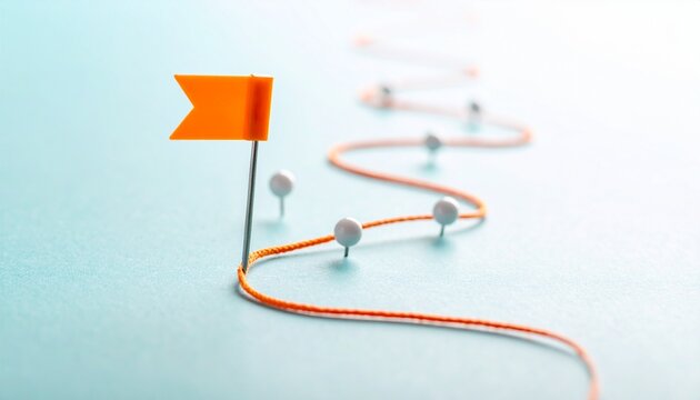 Orange Thread with Pins and Flag Showing Goal Achievement Planning Stages and Business Strategy Concept