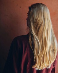 Fototapeta premium Rear View of Woman with Long Blonde Hair Wearing a Plum Purple Silk Garment against a Muted Pink Wall for Hair Care Salon Branding and Beauty Advertising