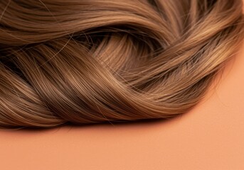 Naklejka premium Brown hair swatch with wavy texture resting on coral pink surface for hair salon color chart marketing campaign including warm taupe highlights and copy space