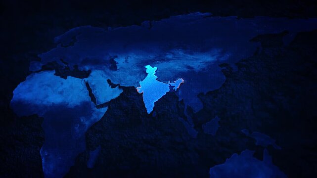 Digital Global Map India Focus world map glowing prominently in center geographic importance regional emphasis. for business reports, geopolitical themes, documentaries, research visuals, news intros.