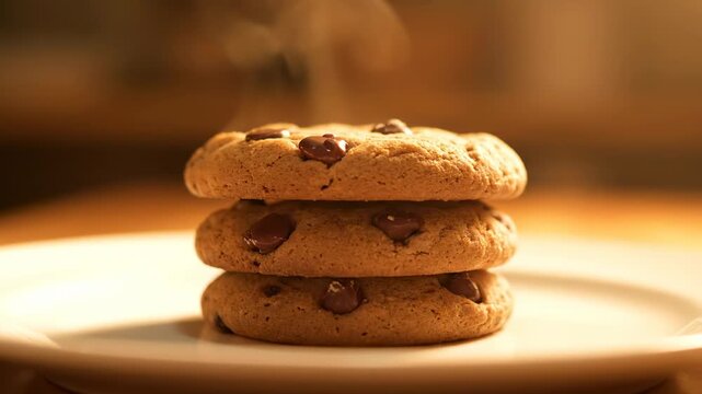 Stack of three freshly baked chocolate chip cookies on a white plate