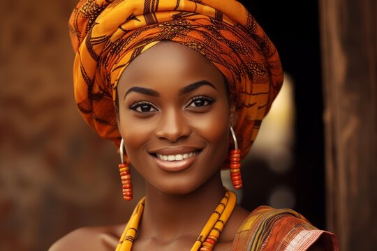 African woman wearing an orange gele headwrap, beads, and jewelry, looking at the camera
