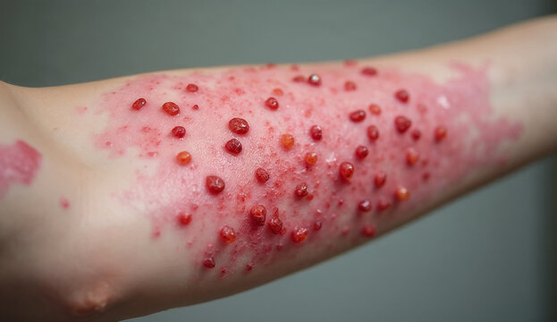 Arms show skin inflammation with irritated red spots.