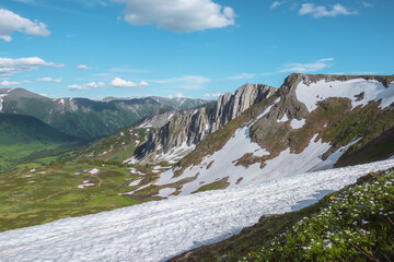 Scenic view from grassy flowering cliff along ridge with snow cornice to sharp rocks and rocky sheer crags under lush clouds in blue sky. Sunlight and shadows in high mountains in changeable weather. © Daniil