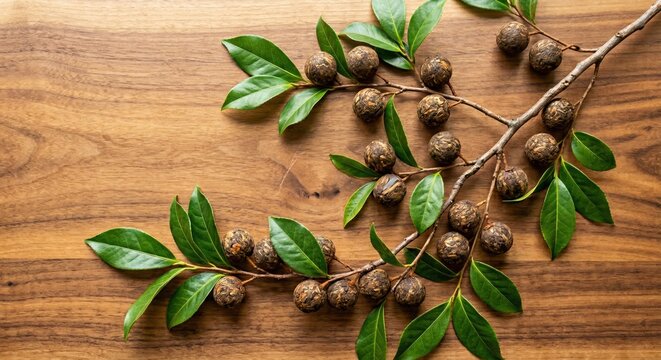 Compressed Round Tea Balls on Branch with Green Leaves Resting on a Wooden Table Surface for Tea Culture Advertising and International Tea Day Promotions with Copy Space