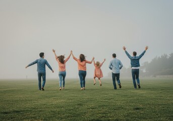 Naklejka premium Happy family with children running in a green field with arms raised toward a foggy sky, active lifestyle concept for wellness campaign and advertising copy space