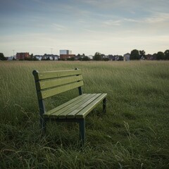 Fototapeta premium Green wooden park bench standing in an overgrown tall grass field with distant suburban buildings for social awareness editorial use and melancholic quiet concepts