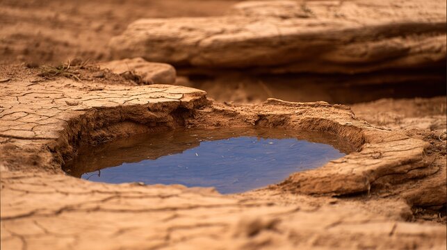 shrinking. The last shrinking pool of water in a desert oasis under a harsh sun. ESG reports, sustainability campaigns, designed for sustainability communications and ESG reporting.