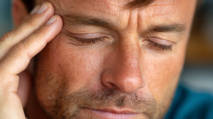 Obraz premium Man with closed eyes holding forehead in stress indoors 