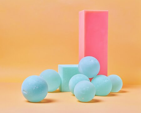 Colorful geometric shapes with blue spheres and a pink pillar standing on an amber surface for modern interior design and abstract product display background