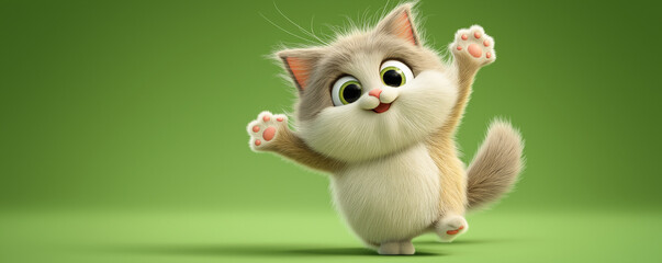 Fototapeta premium Cute Cartoon Cat Character Waving Paw on Green Background