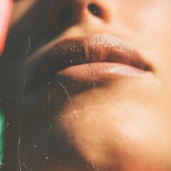 Obraz premium Close up of woman lips with brown glossy lipstick and natural skin texture for beauty brand advertising campaign featuring warm amber sunlight and film grain