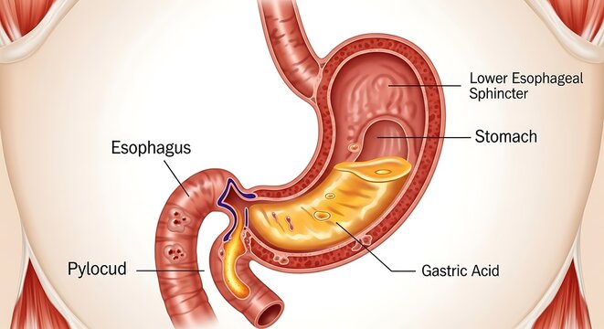 Anatomical illustration of the human stomach and esophagus showing gastric acid.