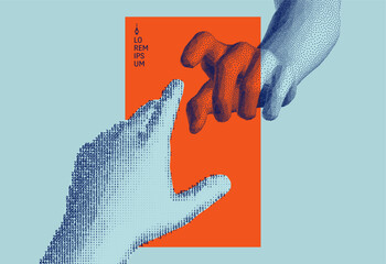 The index fingers of both hands reach toward each other. The concept of relationships, unity, partnership, or contact. Cascading digital code matrix. Artificial intelligence and cognition. Contact.