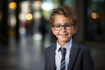Fototapeta premium Little elementary student wearing glasses and smart business attire looking at camera