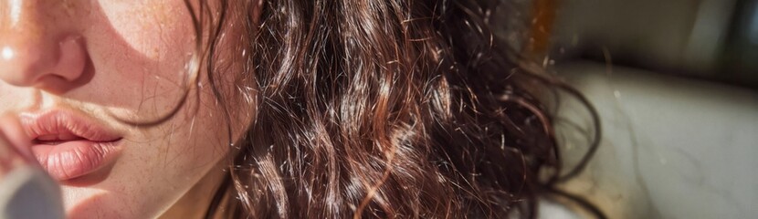Naklejka premium Close up of wavy auburn hair and freckled skin in soft window light for hair care branding, beauty salon marketing, and organic editorial cosmetics advertising