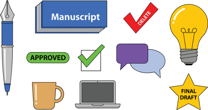 Writing and Editing Icon Set with Pen, Laptop, Manuscript, Approved, Final Draft, and Lightbulb Symbols